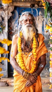 A Hindu sage or rishi in traditional clothes, in a traditional temple