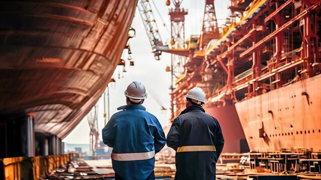 Big ship under construction in shipyard with shipyard workers around