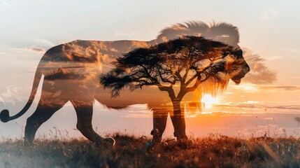 Fototapeta na wymiar a double exposure image of a lion and a savannah sunrise against a white background. 