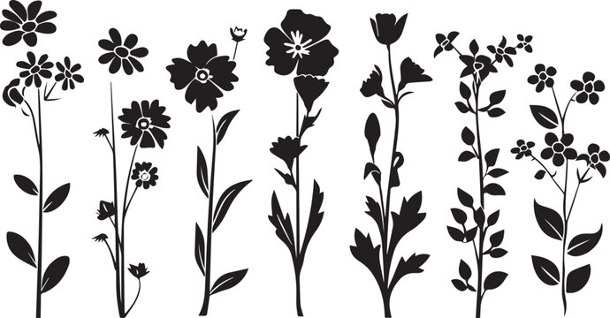 Black flowers icons set on white background