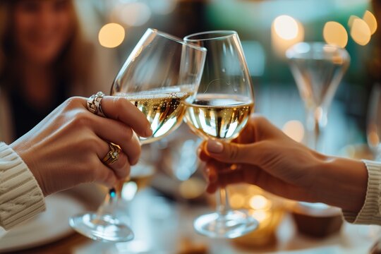 Close-up of hands clinking a glass of wine with another unseen individual.
