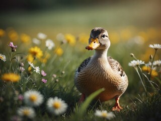 A cute duck in the meadow of grass with flowers