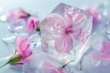 Fototapeta na wymiar Pink flowers in ice cube water for freshness