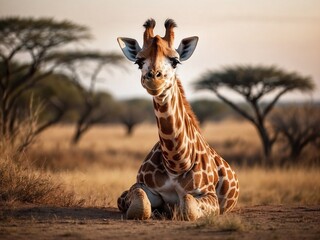 Close-up of a giraffe sitting in the savannah background - obrazy, fototapety, plakaty