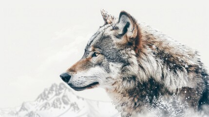  a stunning double exposure of a mountain landscape and a wolf, blending nature's beauty with the spirit of the wild.