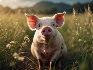 Close up of little pig playing in the meadow with grass and flowers