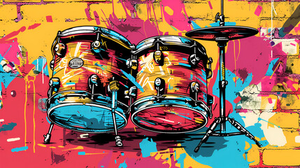 World Jazz Day, hand draw painting illustration of Music Drum Set on wall, Generative Ai