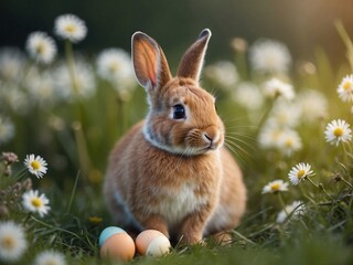Fototapeta premium A cute rabbit sits in the green meadow beside colorful eggs with flowers. Easter bunny with eggs 