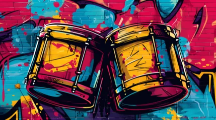 Fotobehang World Jazz Day, A vibrant hand drawn painting illustration of a bass bongo drum on wall, Generative Ai © Jaunali