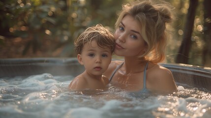 Woman bathing baby in hot tub with water. Both look happy and relaxed