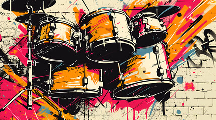 World Jazz Day, hand draw painting illustration of Music Drum Set on wall, Generative Ai