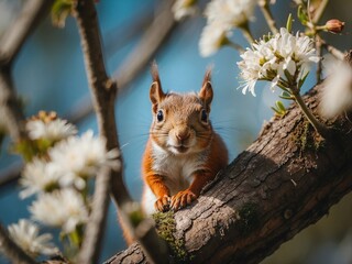 Close-up of a cute squirrel sitting on a branch tree with flowers