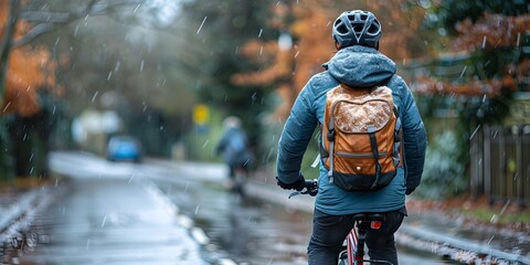 Student Riding Bicycle on Rainy Campus Path During Autumn Season