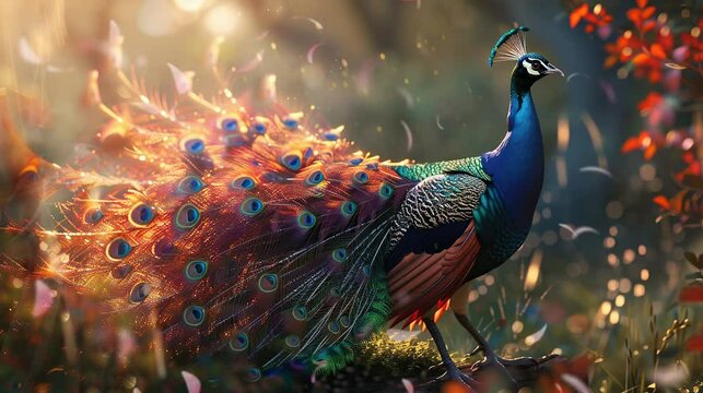 The beautiful colorful peacock feathers are enchanting. seamless looping time-lapse virtual 4k video Animation Background.