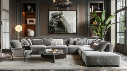 Interior of living room with gray sofa 3d rendering, generative AI