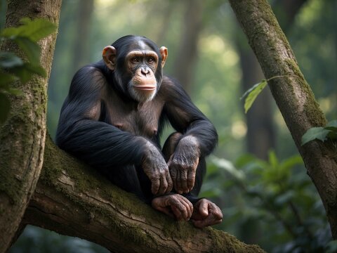 Close-up of a chimpanze sitting in a branch tree in the blurred background of a green forest
