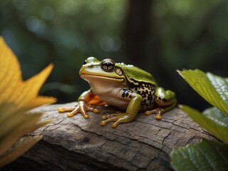 Close-up of a green frog sitting on the log in the background of green forest - Powered by Adobe