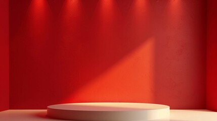 Light color base and red wall lit by spotlight as place for displaying your product
