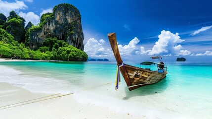 Longtale boat on the white beach at Phuket, Thailand.