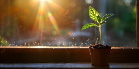 Sunlight Nurturing a Small Plant on a Windowsill,Symbolizing Growth,Renewal,and the Promise of a Brighter Future