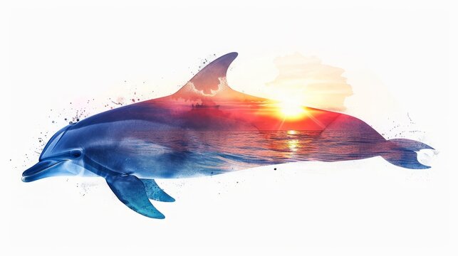  a double exposure image of a dolphin and an ocean sunset against a white background. 