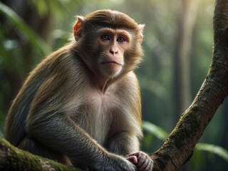 Close-up of a monkey sitting in a branch tree in the blurred background of a green forest