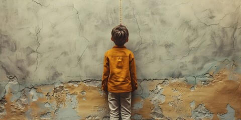 Pencil-Marked Height on Grunge Concrete Wall - Measuring Childhood Milestones and Personal Growth - obrazy, fototapety, plakaty