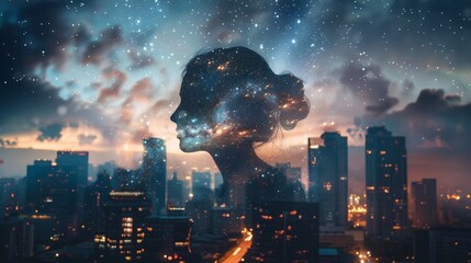 double exposure of a city skyline at dusk and a person gazing at the stars, connecting urban life with the cosmos. - obrazy, fototapety, plakaty