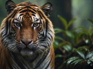 Close-up of a Bengal tiger walking in the green forest background - obrazy, fototapety, plakaty