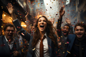 several business people throwing confetti around with hands up. success in business, completion of project, carefree and joyous atmosphere creates an impression of positive emotions, and teamwork