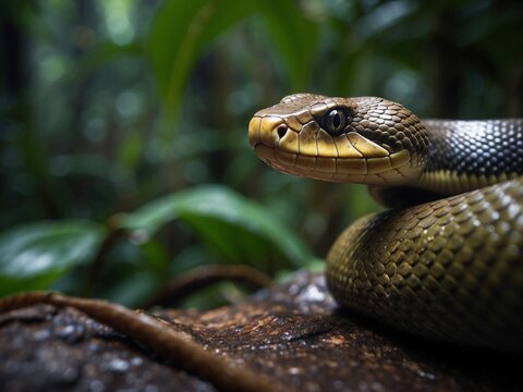 Close-up of a snake on a tree in the green forest background