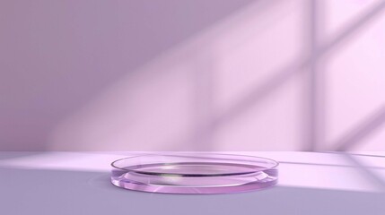 Round 3d Podium, crystal glass, background. product presentation platform of transparent crystal glass on light purple background