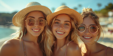 close-up portrait of three pretty girls on the beach
