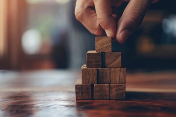A close-up photo of a hand placing a wooden block on a stable stack symbolizing strategic financial planning - obrazy, fototapety, plakaty