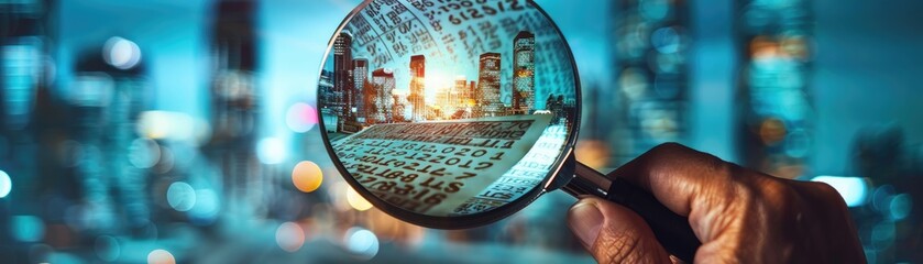 A photo of a person holding a magnifying glass over a financial document with the text transforming into a city skyline