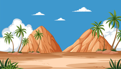 Desert landscape with palm trees and mountains