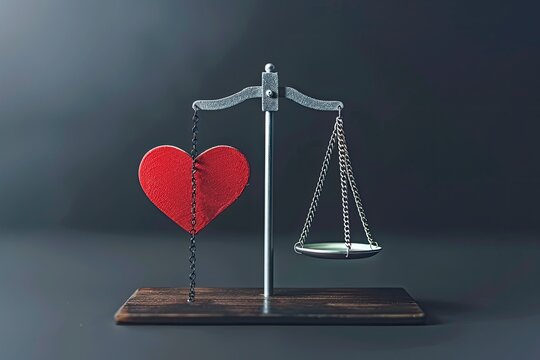 A minimalist design of a balance scale balancing a heart and a dollar sign exploring the balance between wealth and happiness