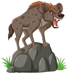 Angry hyena growling atop a stone boulder