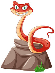 A smiling red snake perched atop a stone.