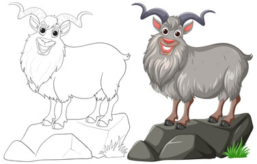 Coloring page and colored illustration of a mountain goat.
