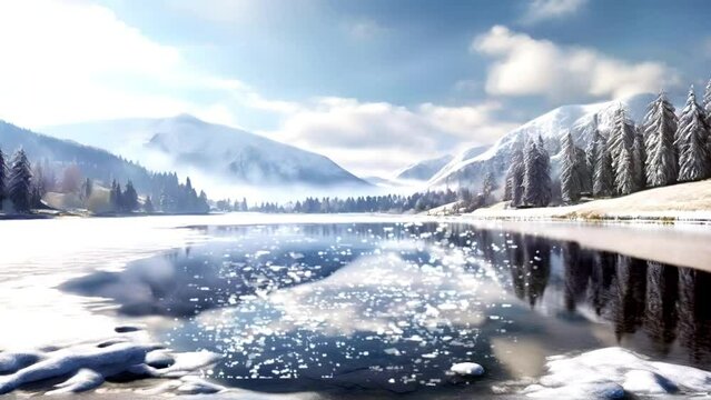 Beautiful winter landscape with frozen lake and snowy mountains in the background