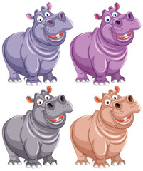 Four stylized hippos with cheerful expressions.