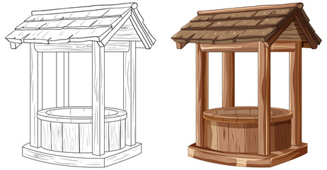 Two styles of wooden wells, one colored and one outlined.