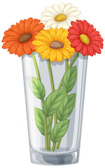 Three vibrant daisies arranged in a clear vase