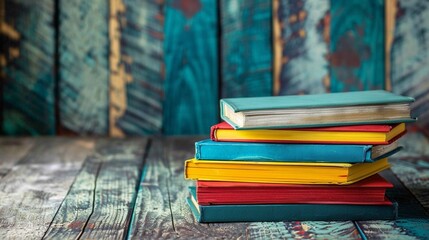 Stack of colored books on wooden table