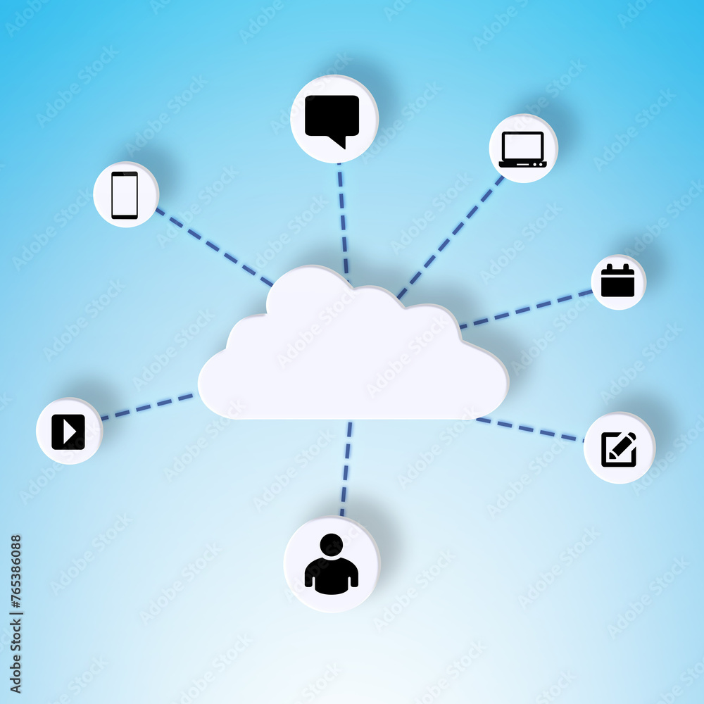 Poster cloud computing, abstract and graphic in studio for connection isolated on a blue background. networ