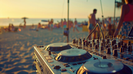 Summer Celebration, DJ Console and Drinks at Beach Party - obrazy, fototapety, plakaty