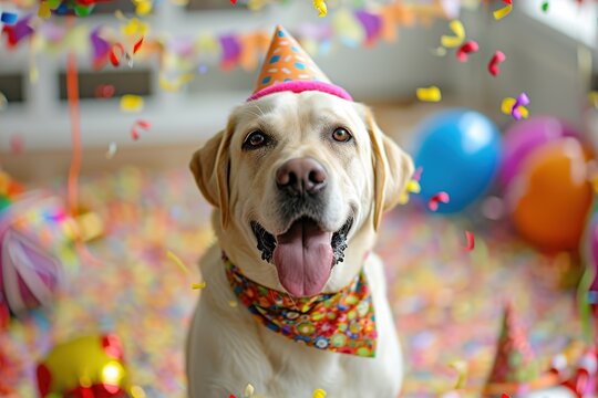 Dog wears a party hat and bandana, surrounded by colorful streamers and toys, beaming with happiness.