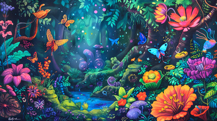 Fototapeta na wymiar Jungle scene illustration, a magical forest with trees and flowers, a magical forest filled with colorful flowers and tall, towering trees, there lived a curious little rabbit named Rosie. 