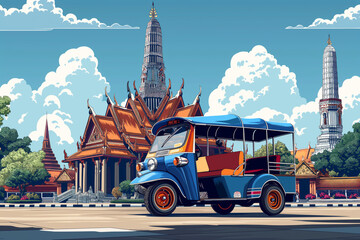 A tuk tuk is parked on the road in a beautiful Thai temple.